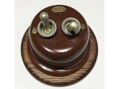 Выключатель накладной тумблерный ART керамический коричневый глянец двухрычажковый